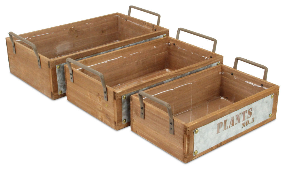 Set Of 3 Wood Storage With Galvanized Cutout Accent
