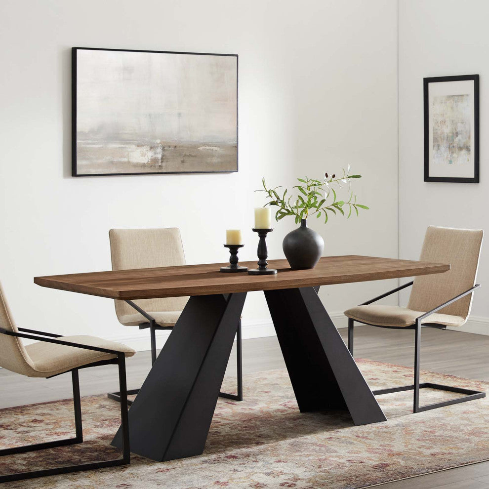 Dining Table, Wood, Metal, Brown Walnut, Modern, Bistro Restaurant Hospitality
