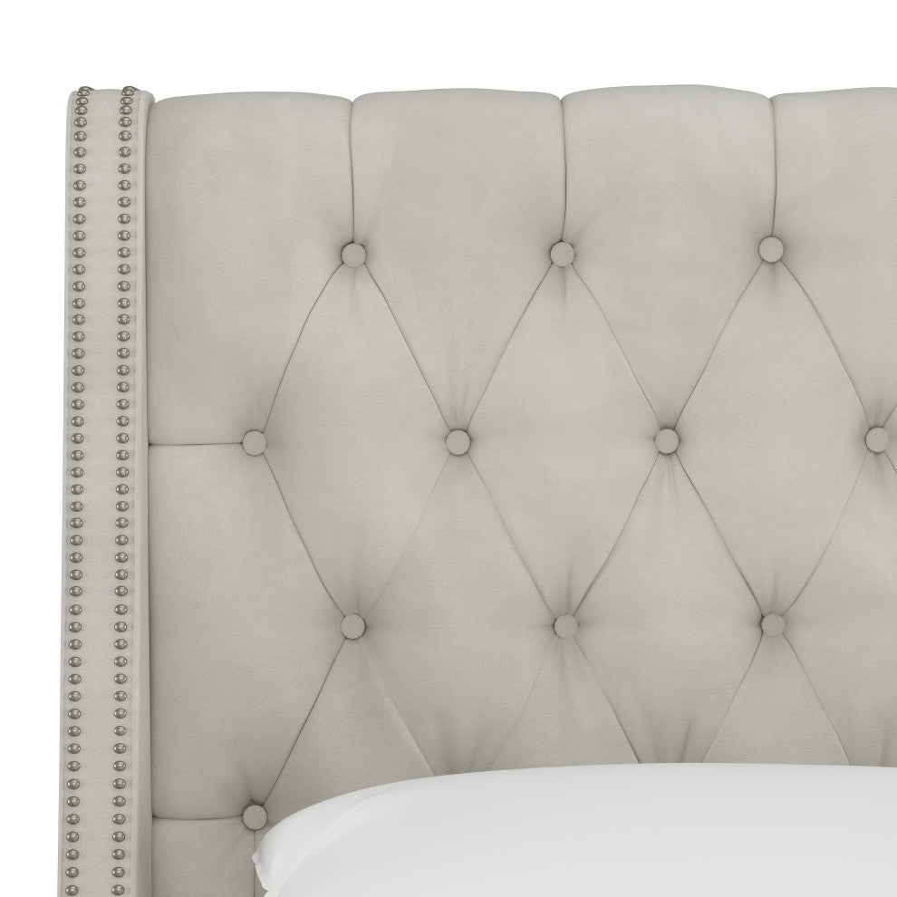 Williams Twin Nail Button Wingback Platform Bed, Velvet Light Gray