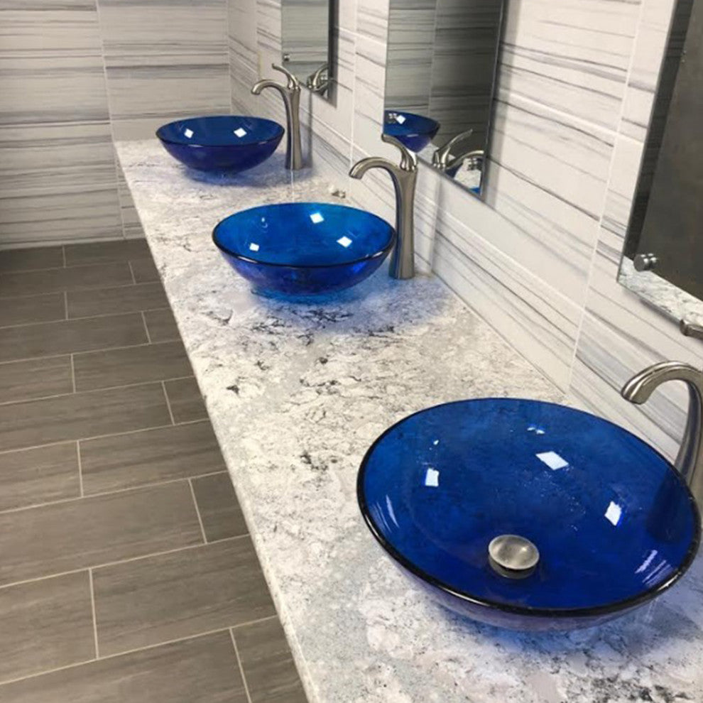 Blu Glass Vessel Sink and Drain, Brushed Nickel