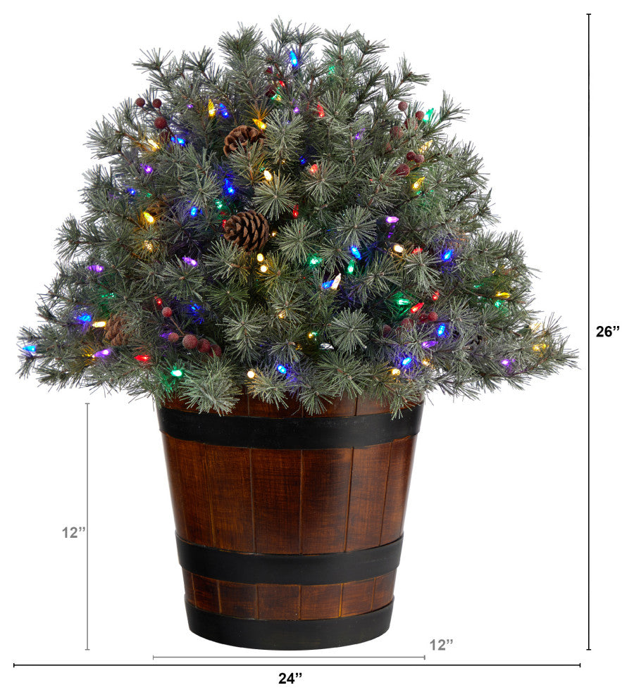 26" Flocked Faux Xmas Shrub W/Pinecones, Multicolored Lights & Bendable Branches