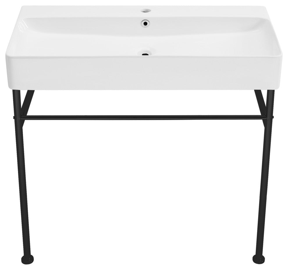 Carre 36" Ceramic Console Sink White Basin Black Legs