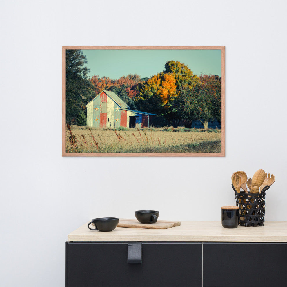 Patriotic Weathered Barn in Field Cross Processed Framed Photo Wall Art Prints, Red Oak, 24" X 36"