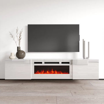 72" High Gloss Floating Fireplace TV Stand, Modern Wall-Mounted Design, White
