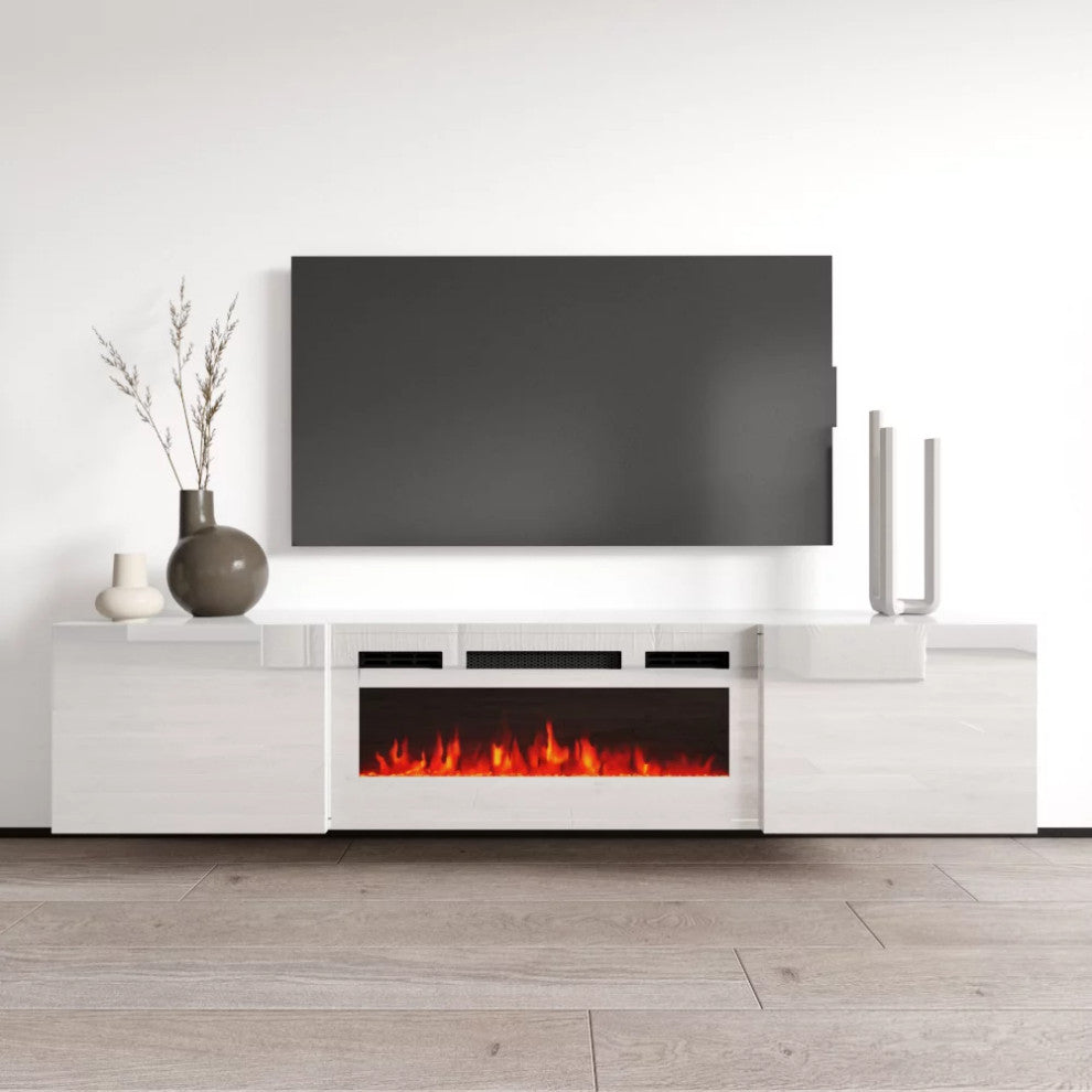 72" High Gloss Floating Fireplace TV Stand, Modern Wall-Mounted Design, White