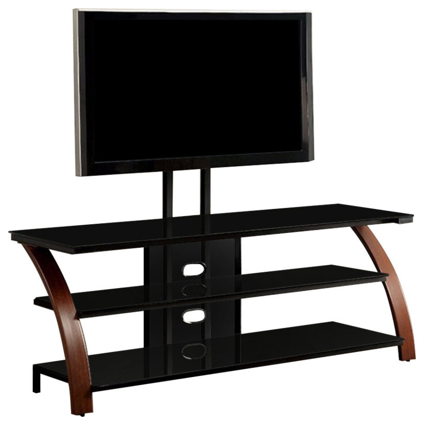 72" TV Wooden Metal Stand With Black Tempered Glass, Black/Brown