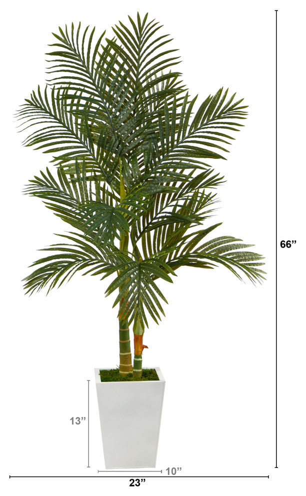 5.5' Golden Cane Artificial Palm Tree, White Metal Planter