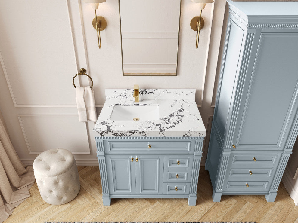Paris 36" Left Offset Bathroom Vanity, Blue Heather 2" Viola Night