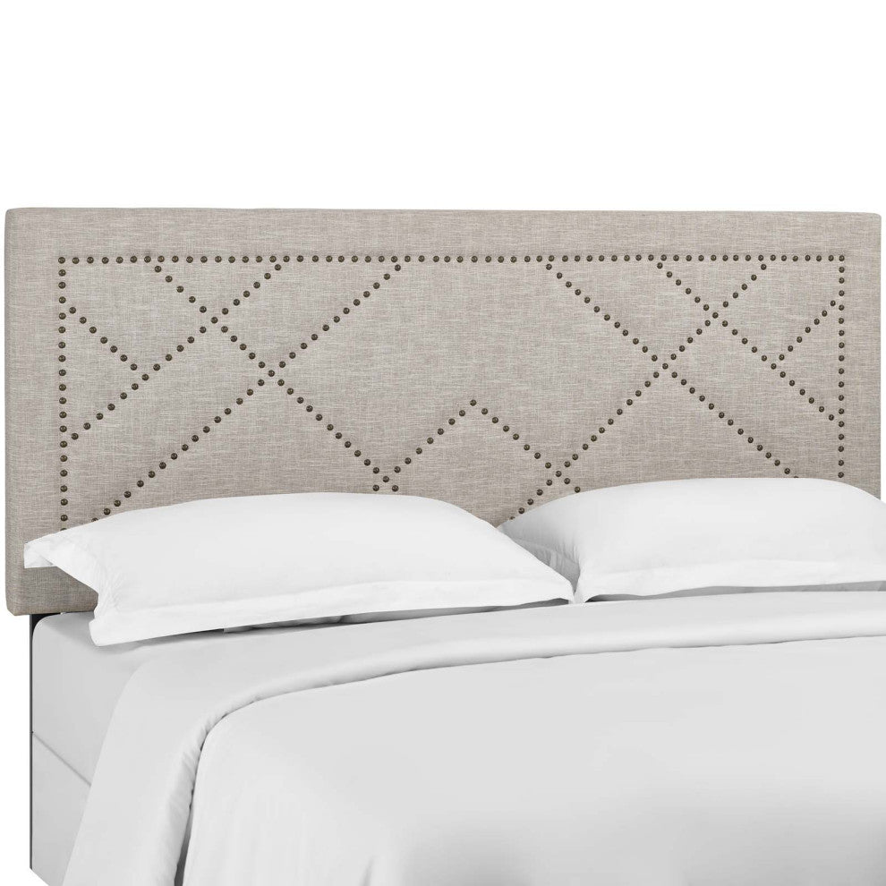 Reese Nailhead Full / Queen Upholstered Linen Fabric Headboard Beige