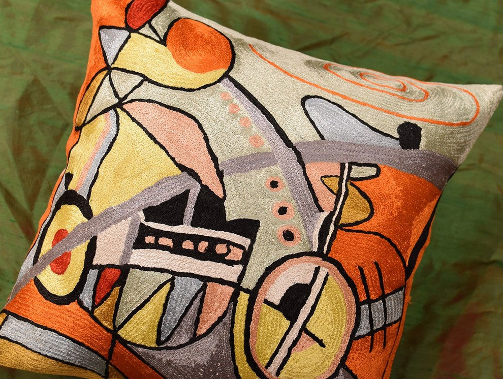 Kandinsky Symphony III Orange Pillow Cover Handembroidered Art Silk 18x18"