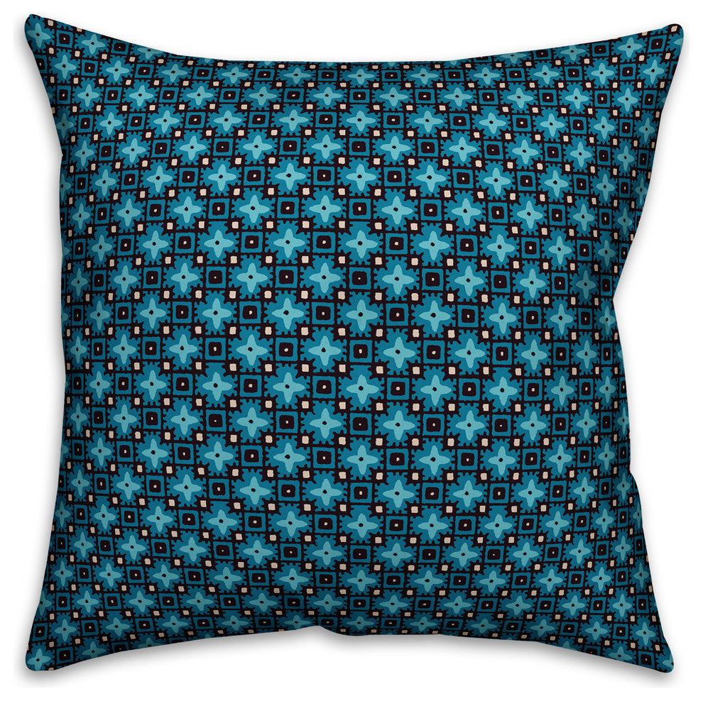 Blue Floral Squares Outdoor Throw Pillow, 18"x18"