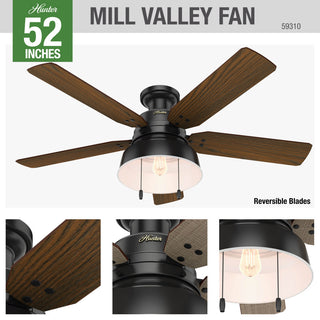 Hunter Fan Company Mill Valley Low Profile Matte Black Ceiling Fan W/ Light, 52"