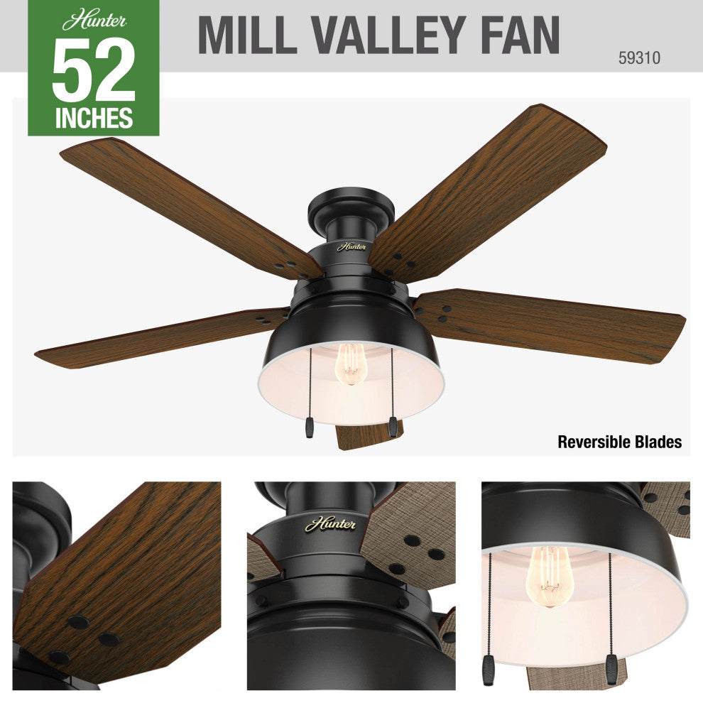 Hunter Fan Company Mill Valley Low Profile Matte Black Ceiling Fan W/ Light, 52"