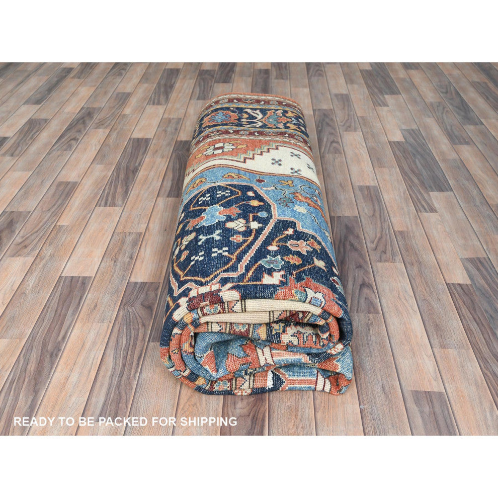 Light Blue Soft Wool Hand Knotted Serapi Heriz Design Rug, 9'0"x11'10"