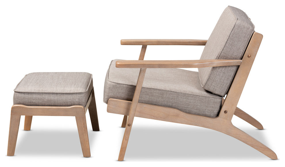 Woodard Light Grey Upholstered Antique Oak 2-Piece Wood Armchair and Ottoman Set