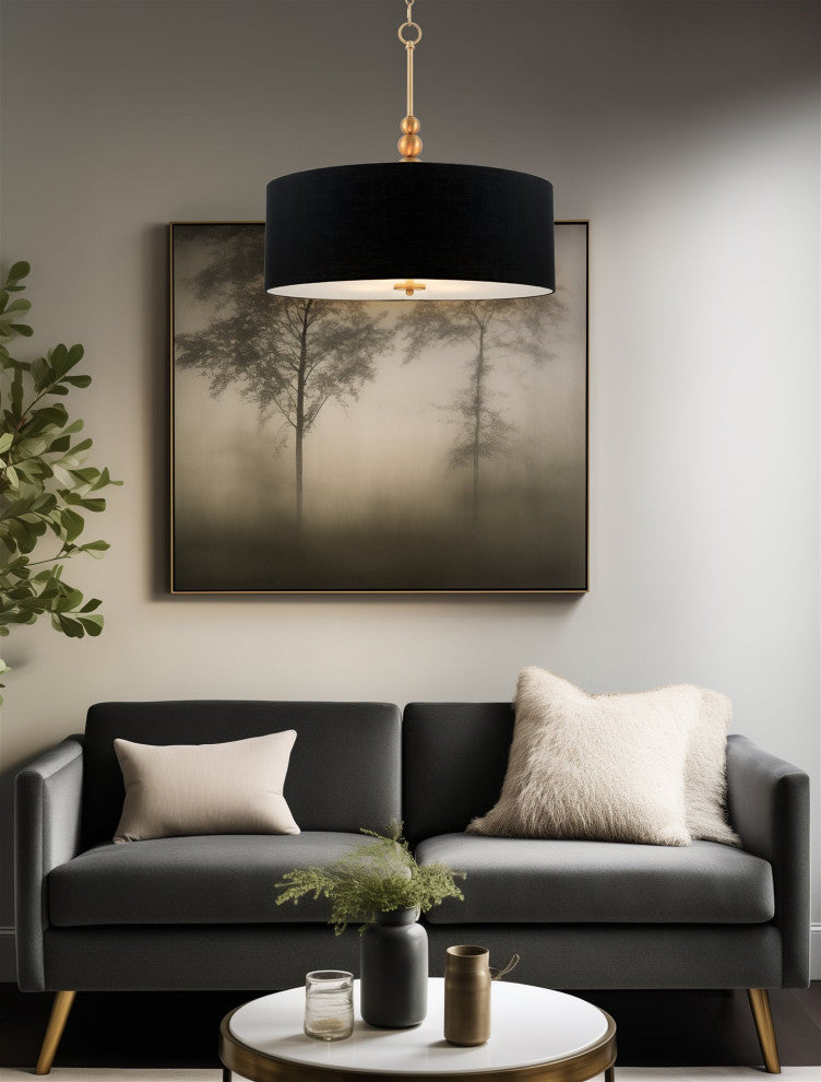 Kira Home Adelade 22" Drum Pendant Chandelier, Black Fabric Shade, Glass