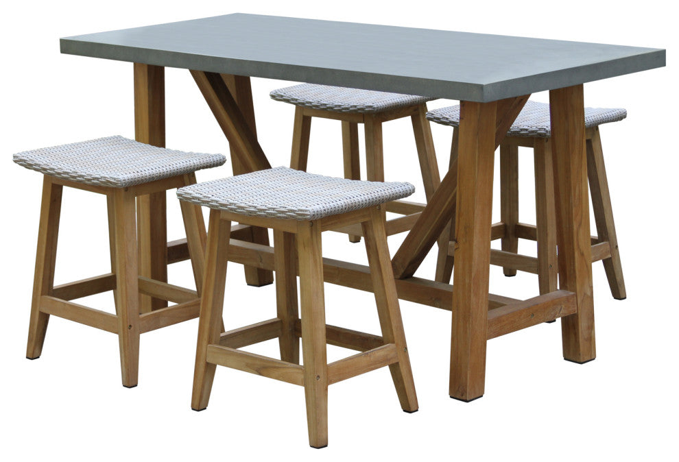 5-Piece Composite, Teak and Ash Gray Wicker Counter Height Dining Set