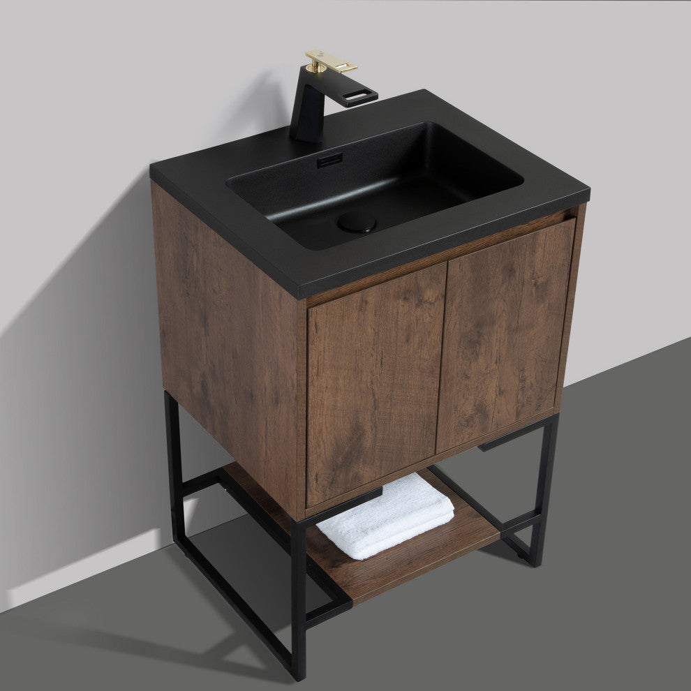Freestanding Bath Vanity Set, Rose Wood, Integrated Solid Surface Sink, 24"
