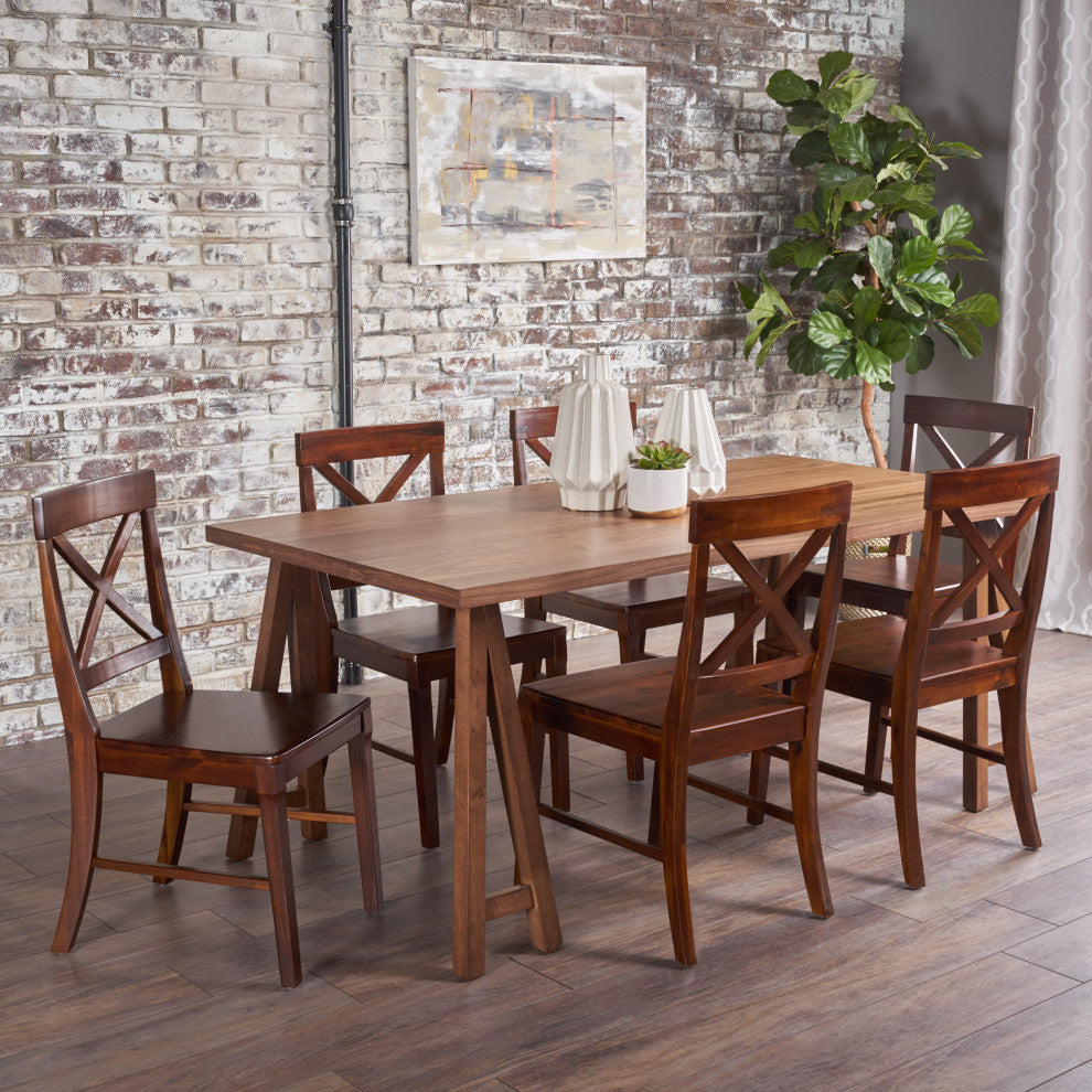 GDF Studio 7-Piece Sambora Farmhouse Dining Set With Rich Mahogany Chairs, Natural Walnut