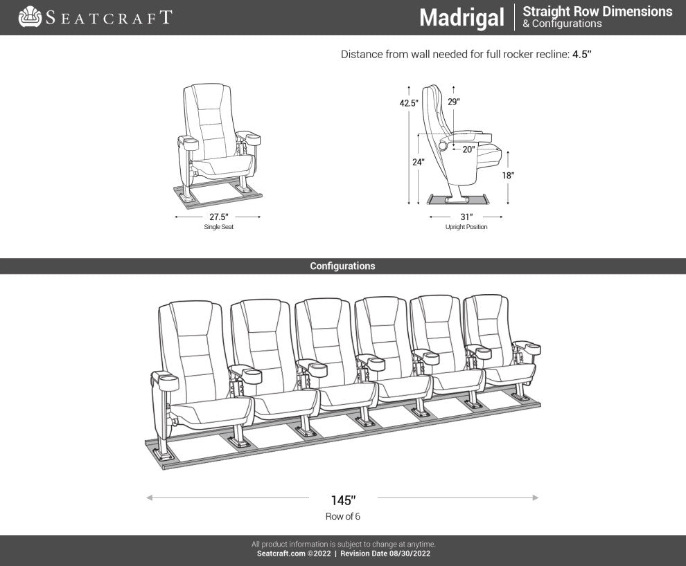 Seatcraft Madrigal Movie Theater Seating, Red, Row of 6