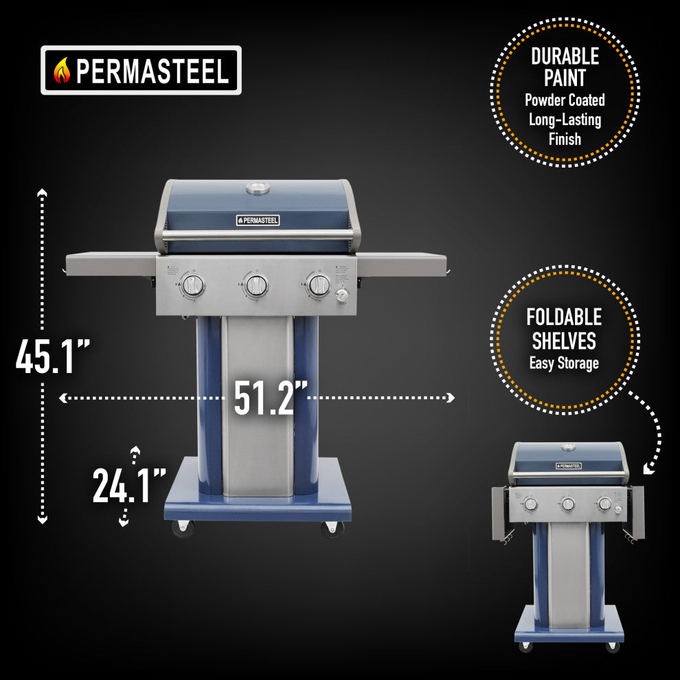 Permasteel 3 Burner Propane Gas Grill with Folding Side Shelves, Azure