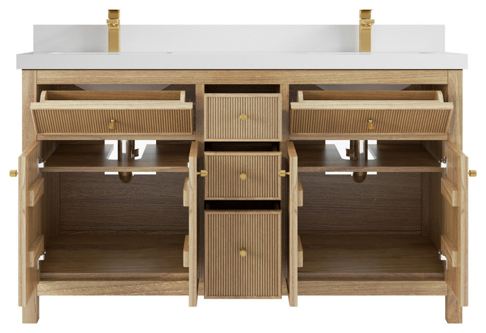 Sonoma 60 Double Bathroom Vanity in Light Natural Teak with 2" White Quartz