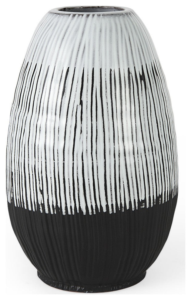 13" Black White and Gray Patterned Lines Ceramic Vase