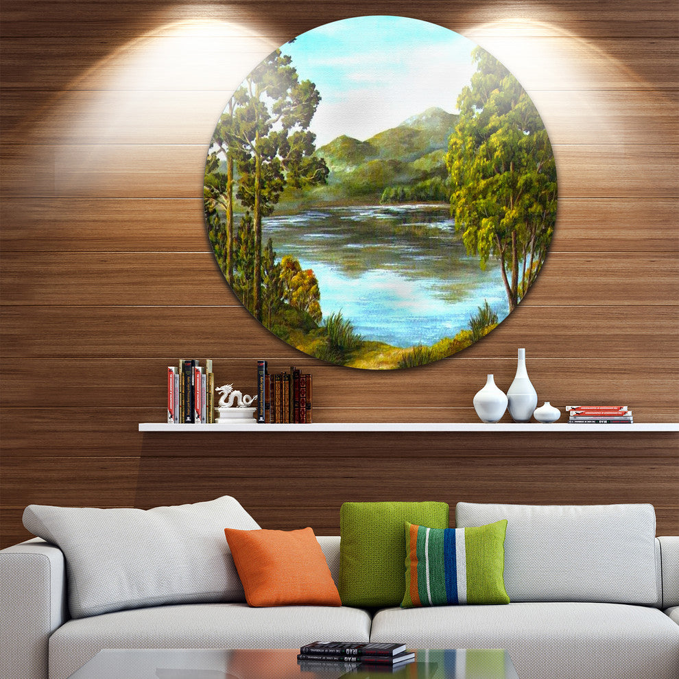 Mountain Lake With Blue Water, Landscape Disc Metal Wall Art, 23"