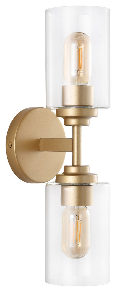 Giles 16" 2-Light Farmhouse Industrial Cylinder LED Vanity, Brass Gold/Clear