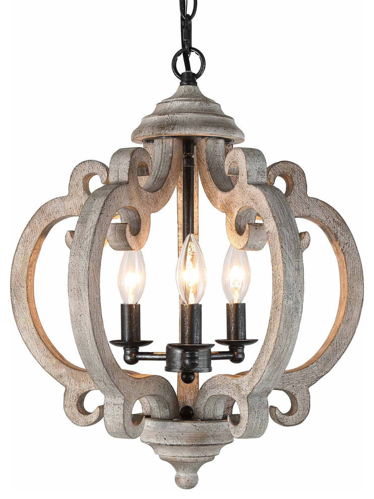 LNC 3-Light Distressed Wood Grayish White Farmhouse Latern Chandelier
