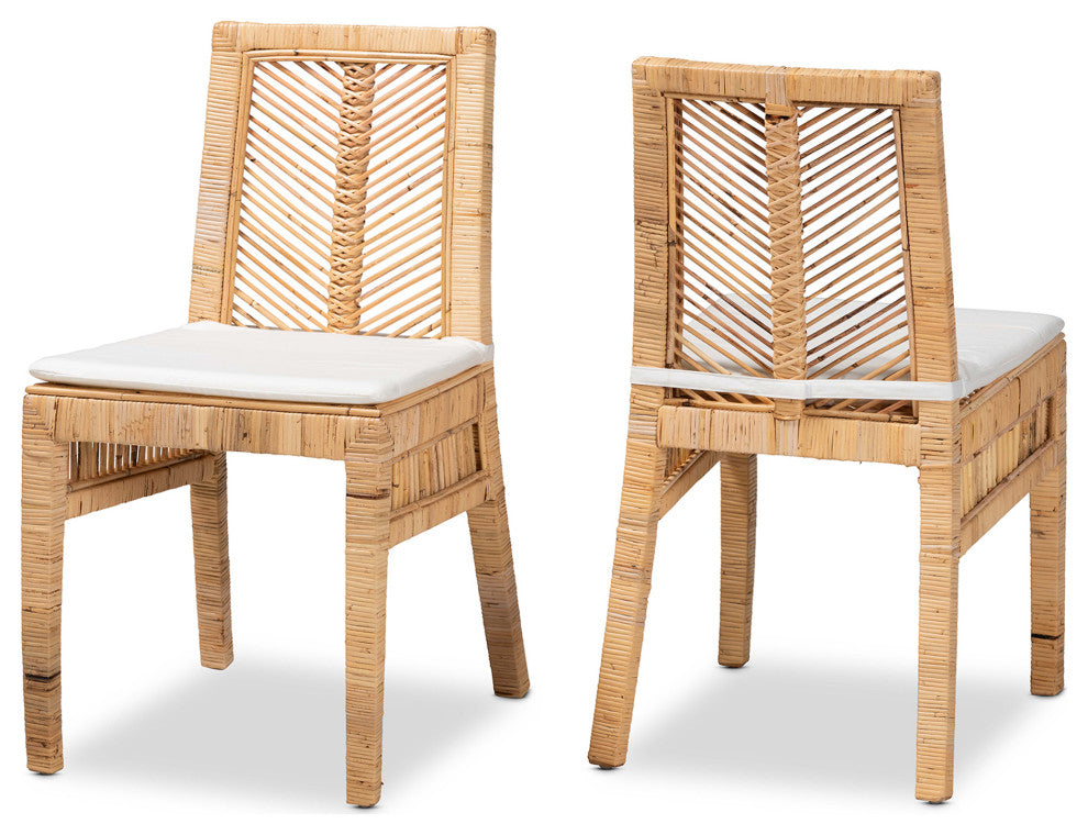 Suci Modern Bohemian Natural Brown Rattan 2-Piece Dining Chair Set