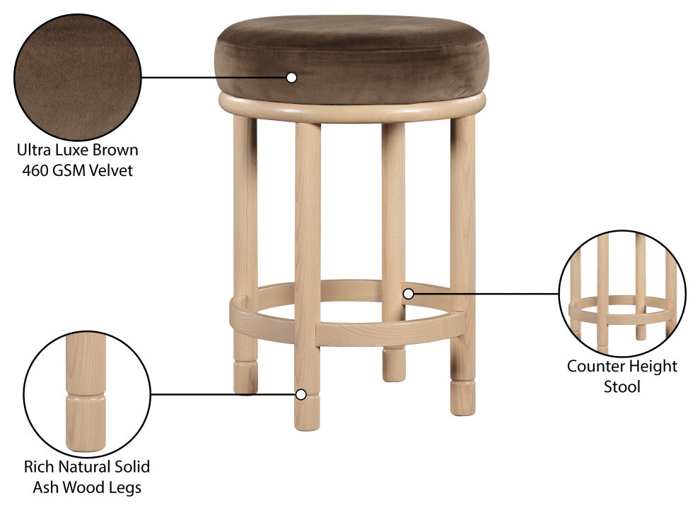 Monette Upholstered Bar and Counter Stool, Brown, Velvet, Natural Finish