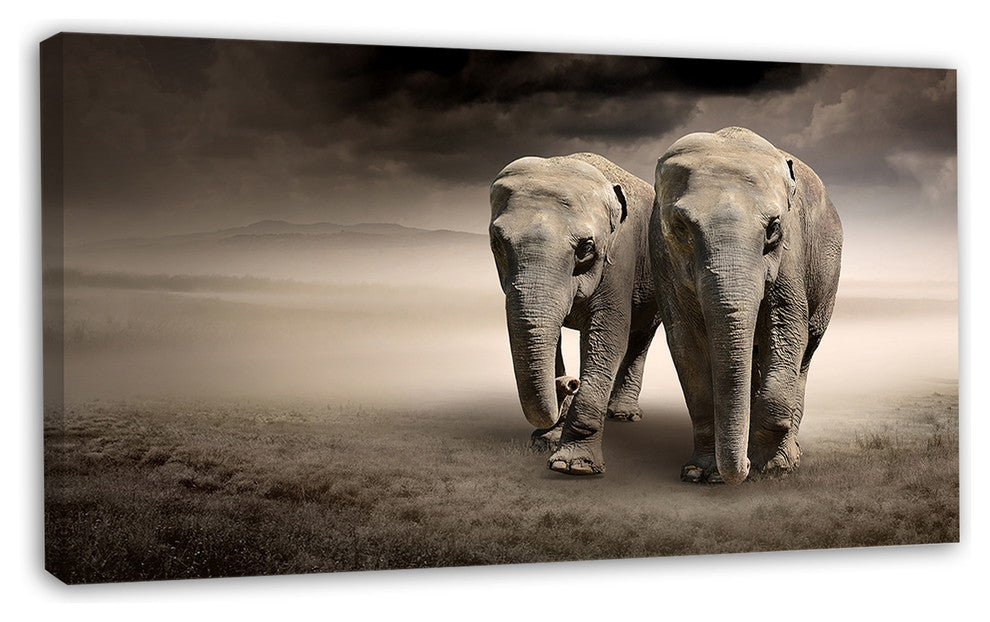 Elephant Pair in Motion, Animal Canvas Wall Art, 32"x16"