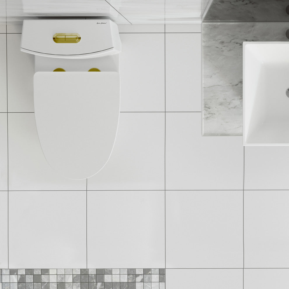 St. Tropez Elongated Toilet, Dual Vortex Flush, Glossy White With Gold Hardware