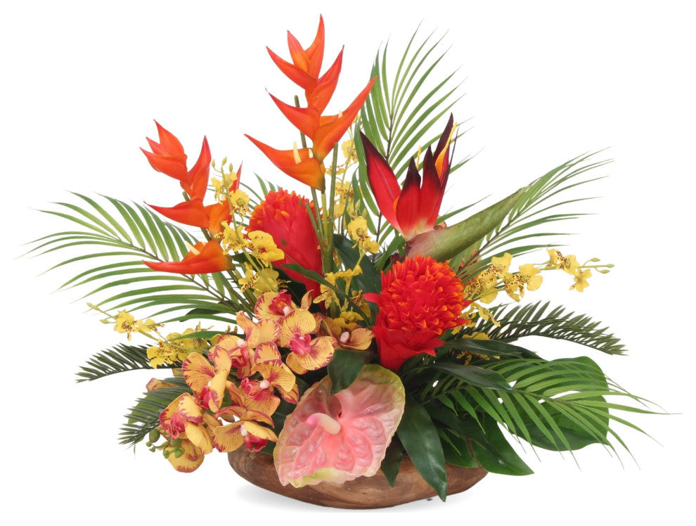 Tropical Flower Arrangement, Natural Wood Bowl