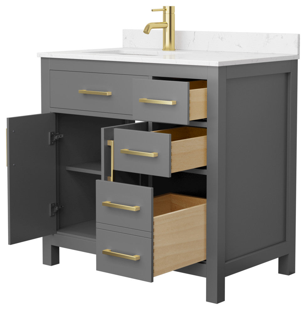 36"SGL Vanity Dark Gray, Carrara Cult. Marble Countertop, Sink, Gold Trim
