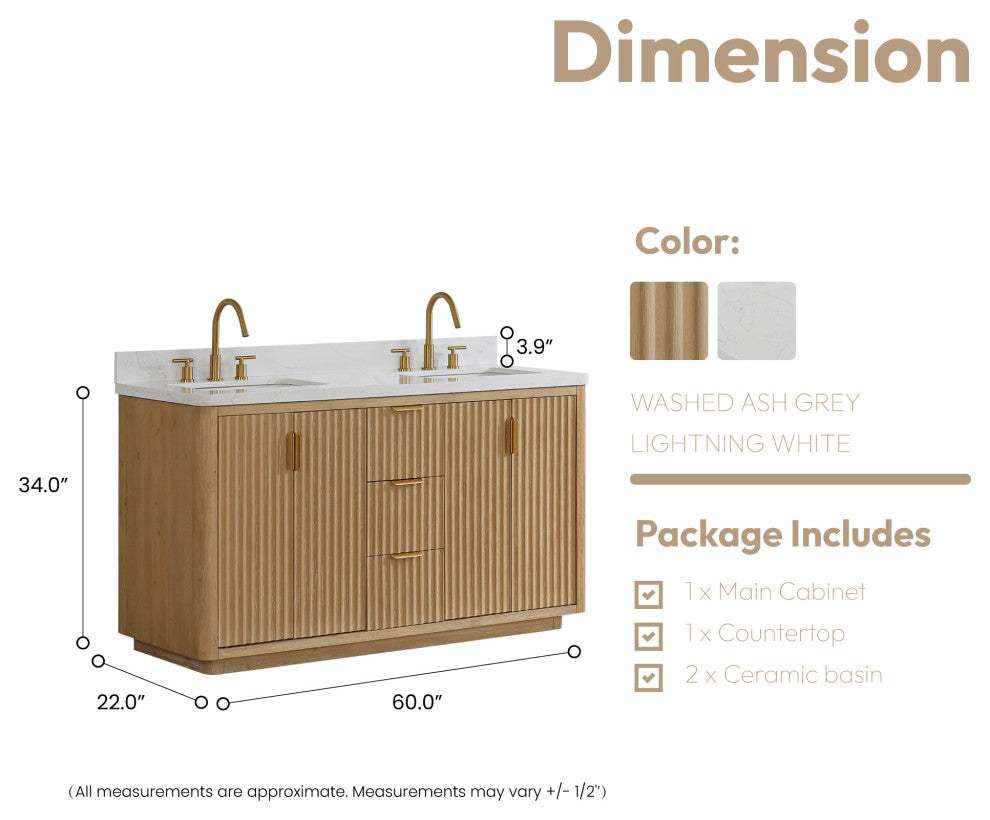 Vinnova Cadiz Bath Vanity, Composite Stone Top, Washed Ash Grey, 60", No Mirror