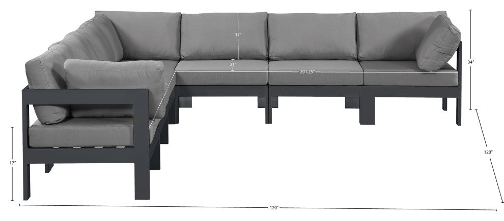 Nizuc Water Resistant Patio L-Shaped Modular Sectional, Gray, 7-Piece: 4 Armless Chair, 3 Corner Chair, Dark Gray Aluminum Frame