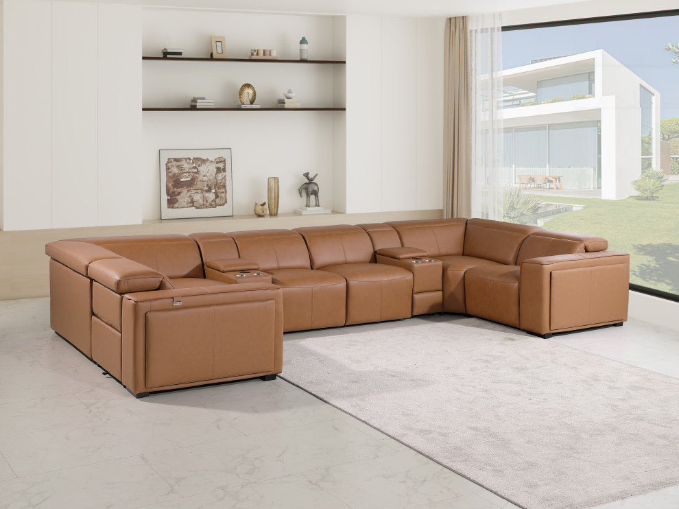 Niccolo Italian Leather 8-Piece U-Shaped 4 Power Reclining Sectional, Cognac