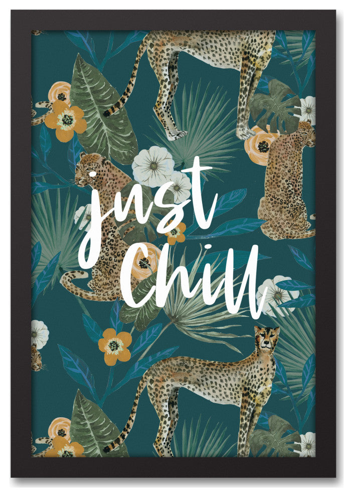 Just Chill Tropical Cheetah Teal 13.73x19.73 Black Framed Canvas