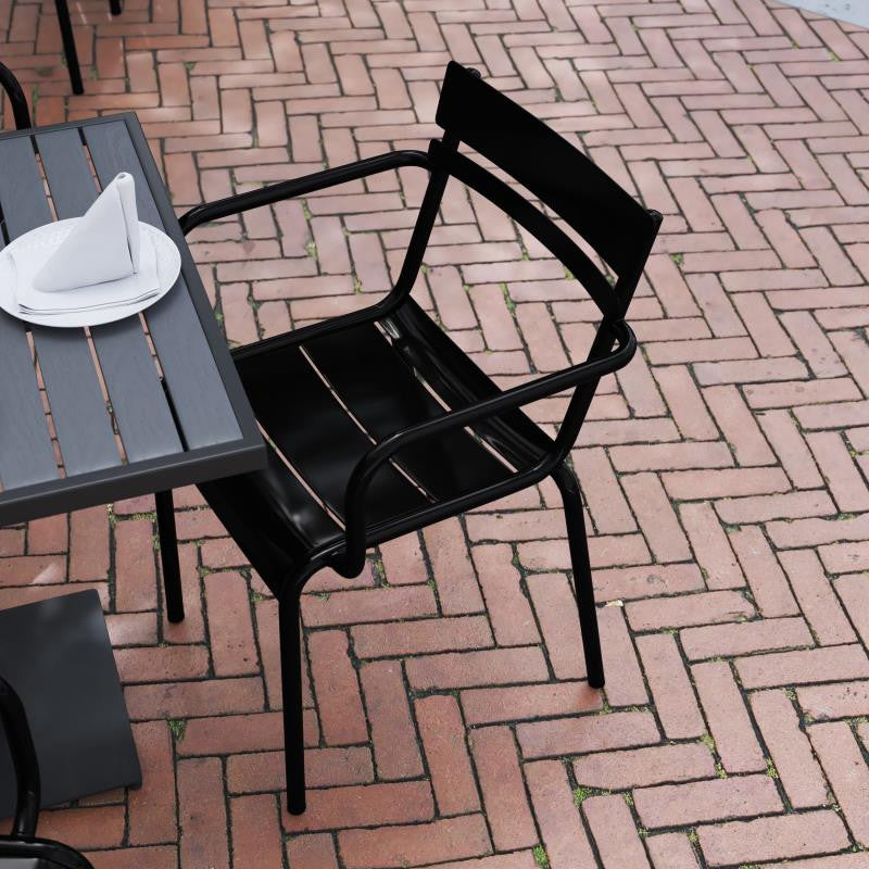 Nash Commercial Grade Steel Indoor-Outdoor Stackable Chair with 2 Slats and Arms, Black