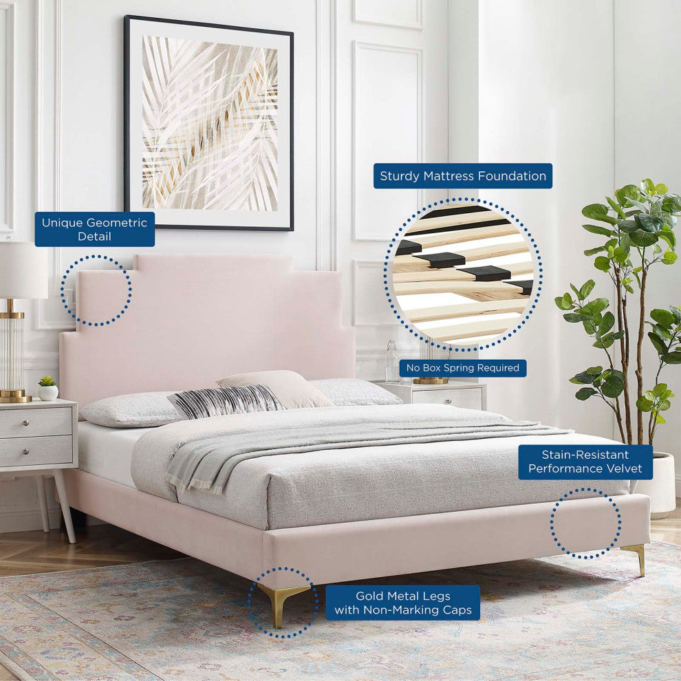 Platform Bed Frame, Queen Size, Velvet, Pink, Modern Contemporary, Bedroom