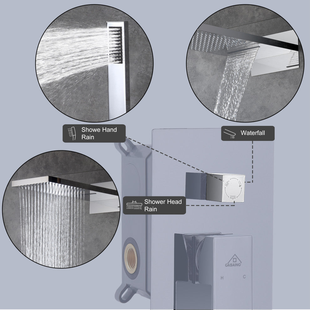 CASAINC 22" Wall Mounted Luxury Waterfall Shower System w Handheld Spray, Chrome