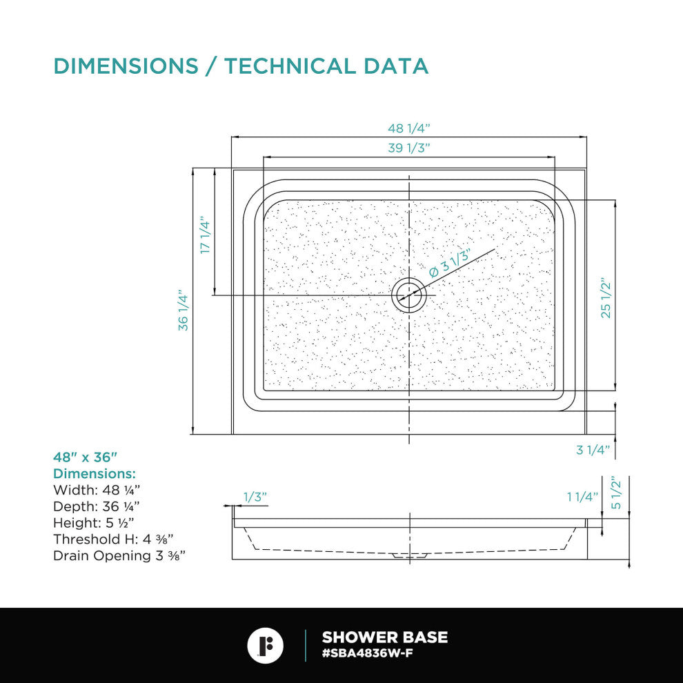 Fine Fixtures Single Threshold Shower Base, 48x36