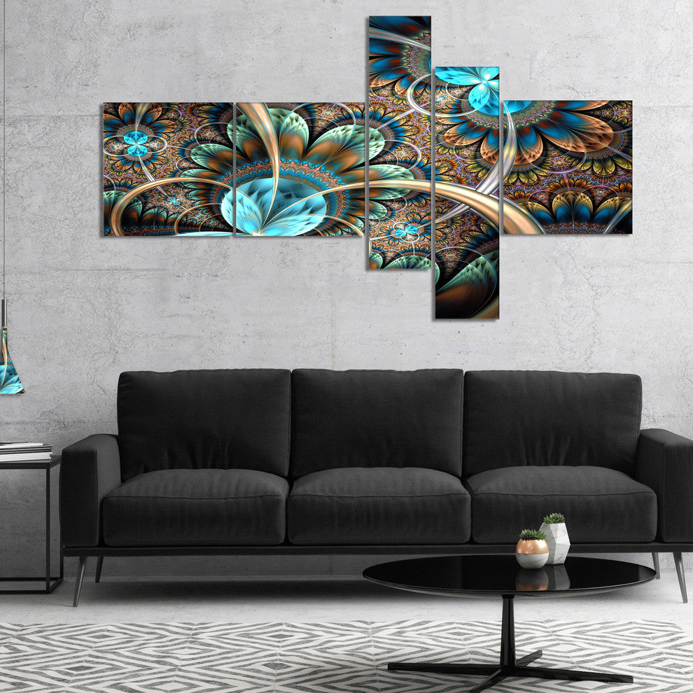 Light Blue Fractal Flower, Floral Art Canvas Print, 60"x32", 5 panels