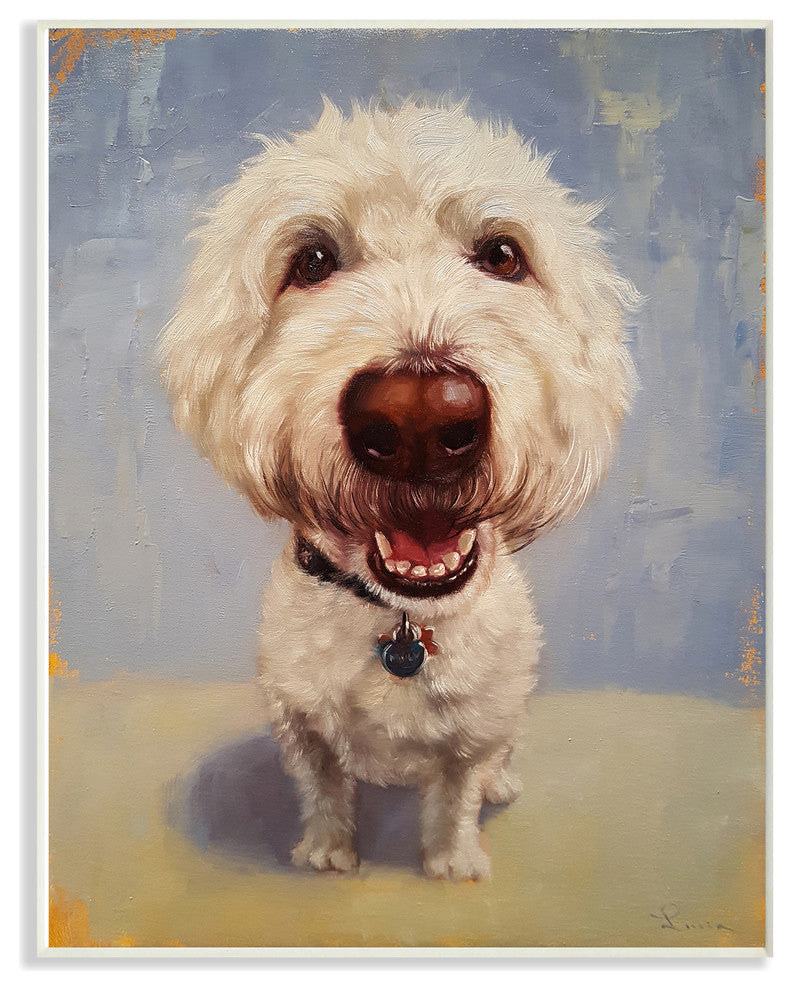 Fish Eye White Dog Portrait Close Up Painting Wall Plaque Art, 10"x15"