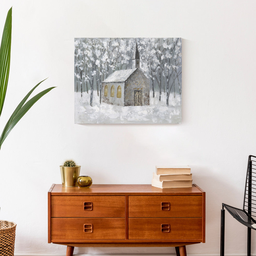 Church, Snowy Forest 20x16 Canvas Wall Art