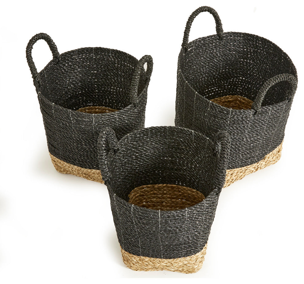 Set of 3 Contemporary Casual Natural Black Round Tote Baskets Handles Large