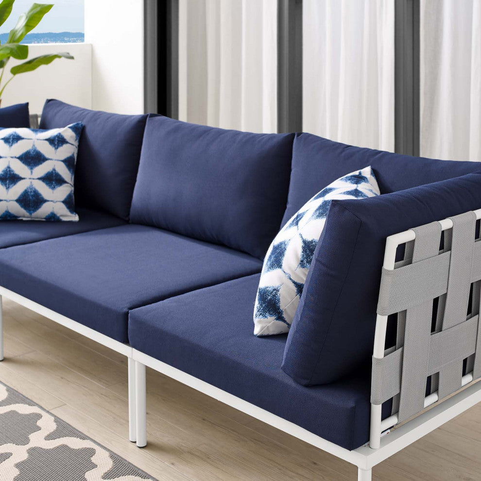 Lounge Sofa, Sunbrella, Aluminum, Metal, Gray Blue Navy, Modern, Outdoor