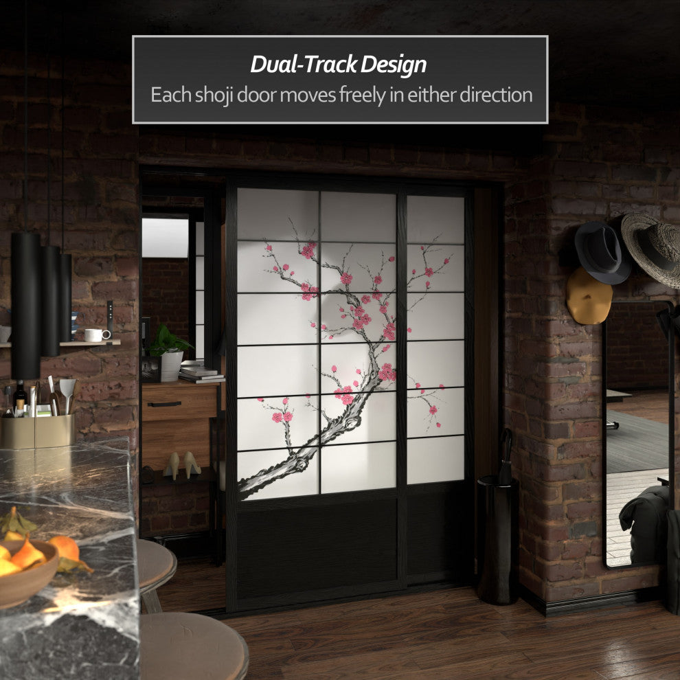 7'' Tall Cherry Blossom Shoji Sliding Door Kit, Black